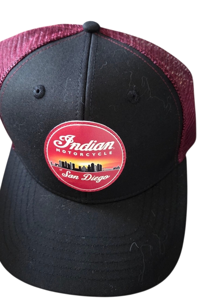 Indian Motorcycle San Diego black/maroon baseball cap w/snapback closure, NWOT.